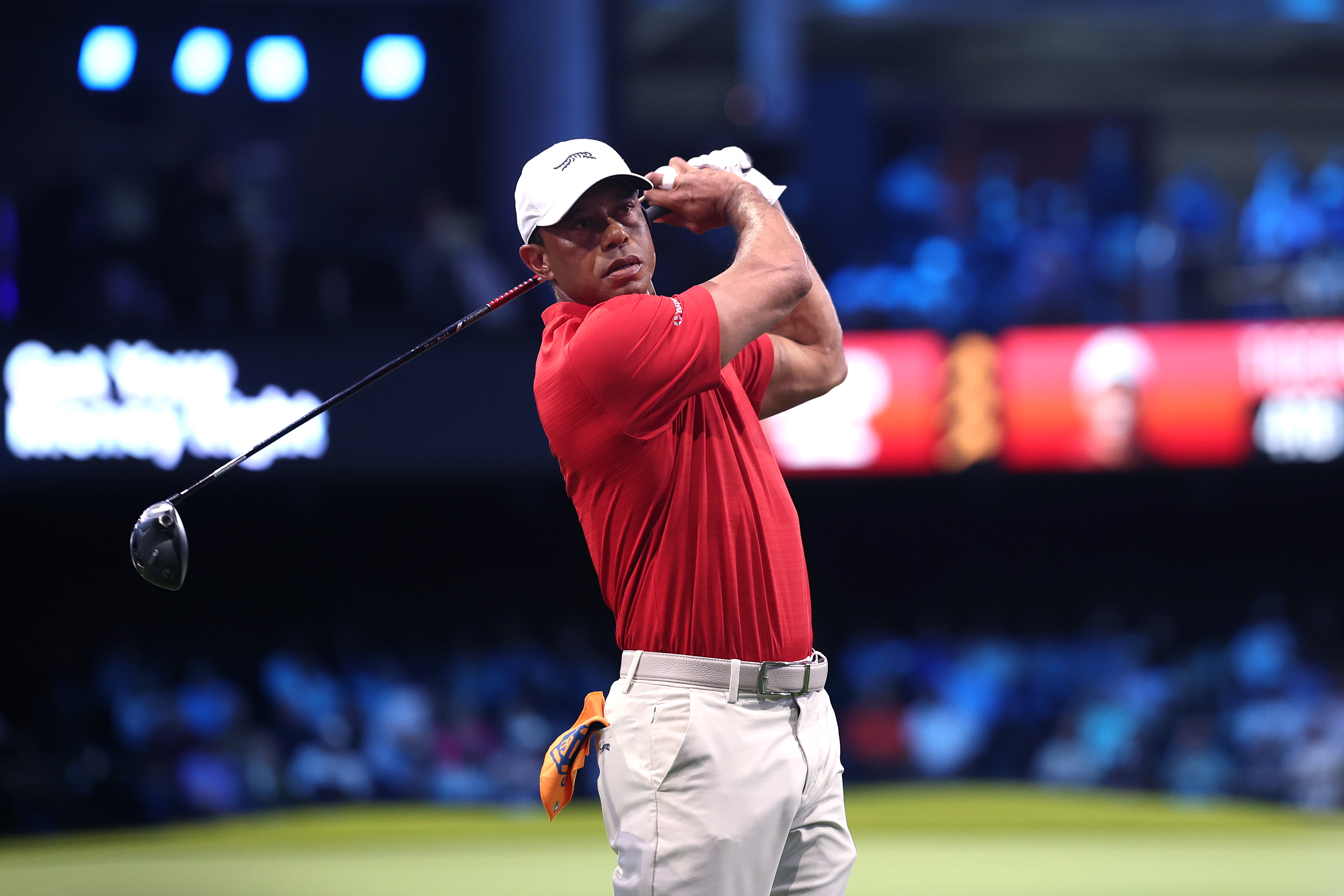 Tiger Woods plays a shot during the match against the Los Angeles Golf Club on March 24, 2026 | Source: Getty Images