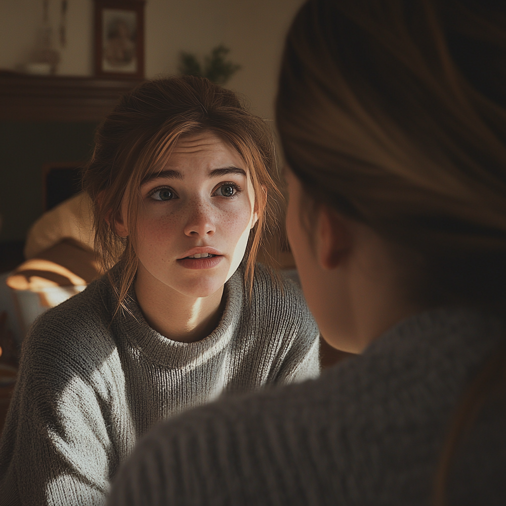 A nervous girl talking to her mother | Source: Midjourney