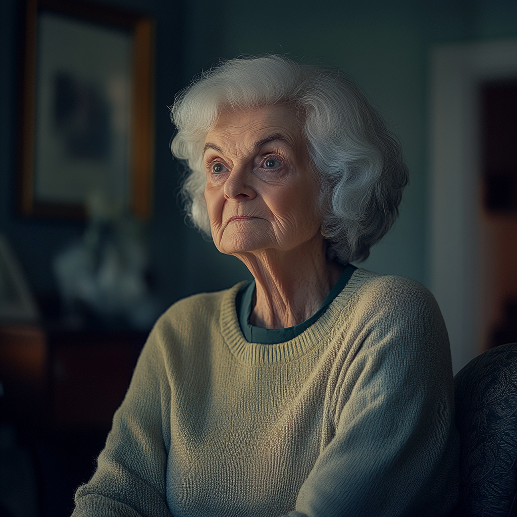 An elderly woman looks worried and thoughtful | Source: Midjourney