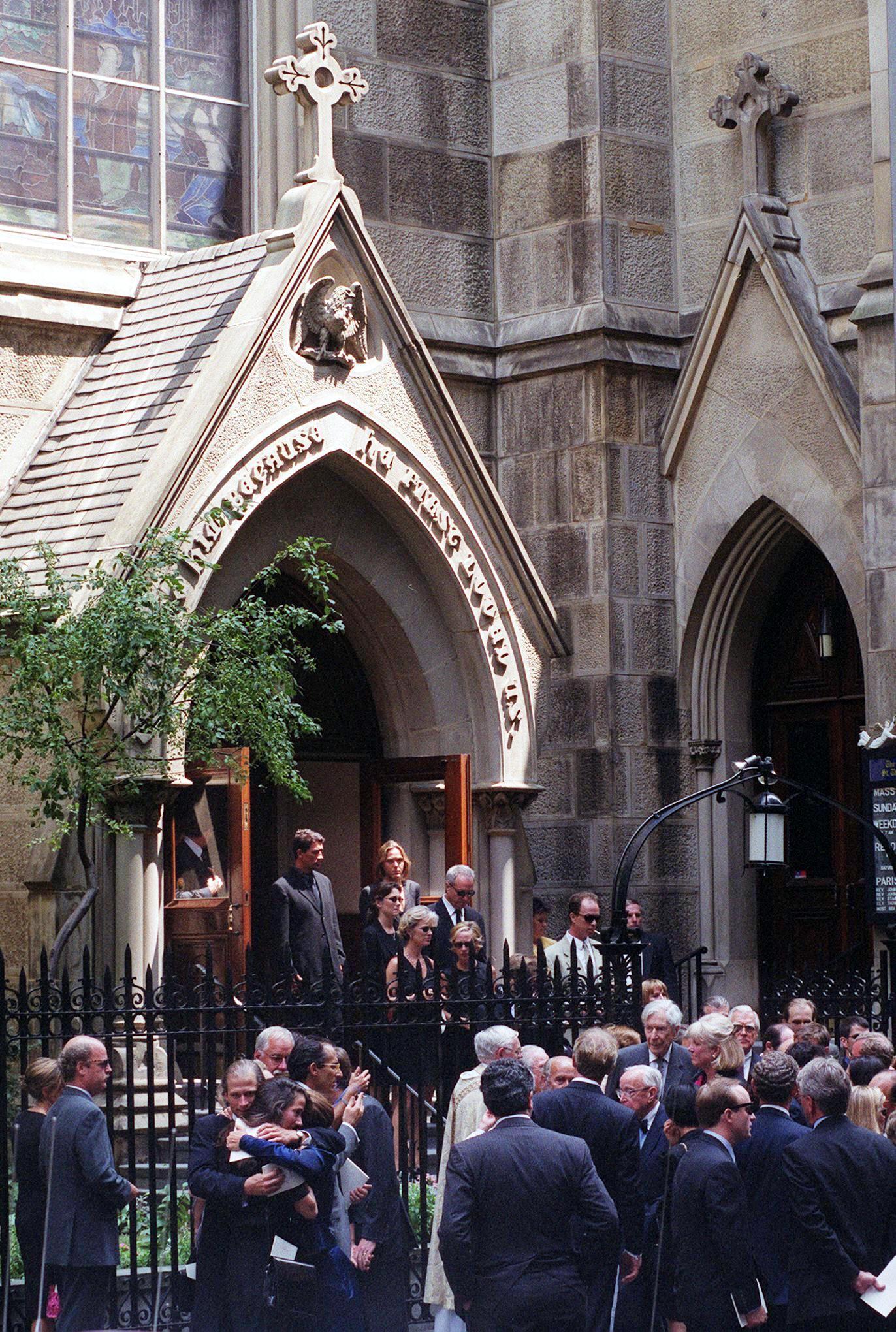 Mourners leave the Church of St. Thomas More, on July 23, 1999, after a private memorial mass for John F. Kennedy Jr., and his wife, Carolyn Bessette Kennedy, in New York. | Source: Getty Images