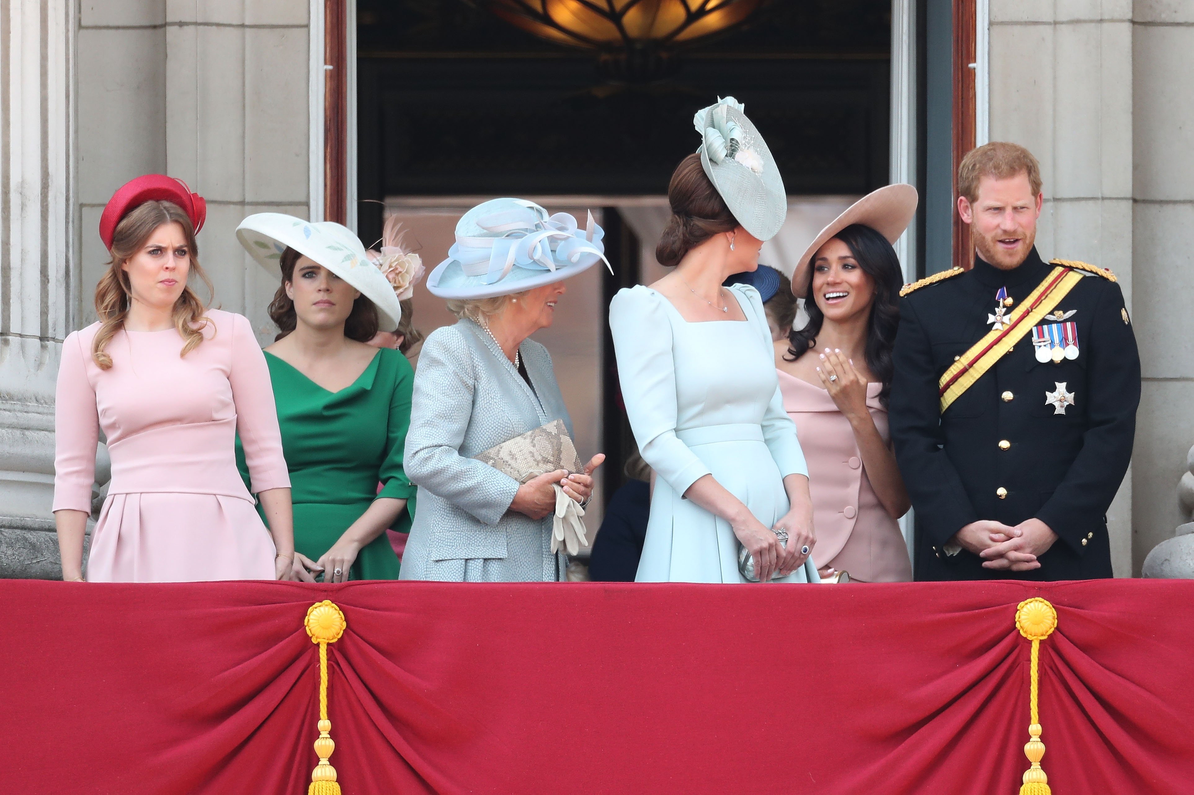 Princess Beatrice, Princess Eugenie, Camilla, Duchess Of Cornwall, Kate Middleton Meghan Markle and Prince Harry, at Buckingham Palace 2018. | Source: Getty Images
