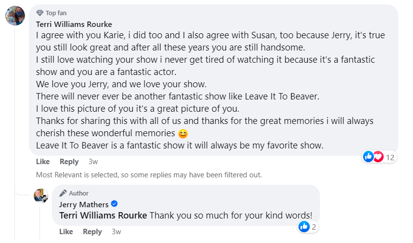 A screenshot of a comment for Jerry Mathers and his reply on his Facebook post on May 26, 2023 | Source: Facebook.com/Jerry Mathers
