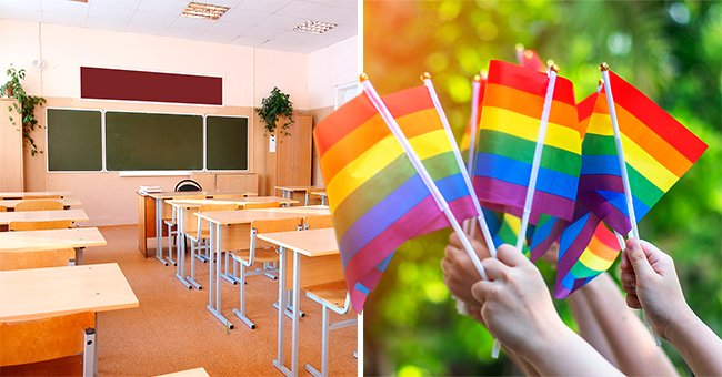 A classroom [left]; Individuals waving LGBTQ+ flags [right]. | Source: Shutterstock 