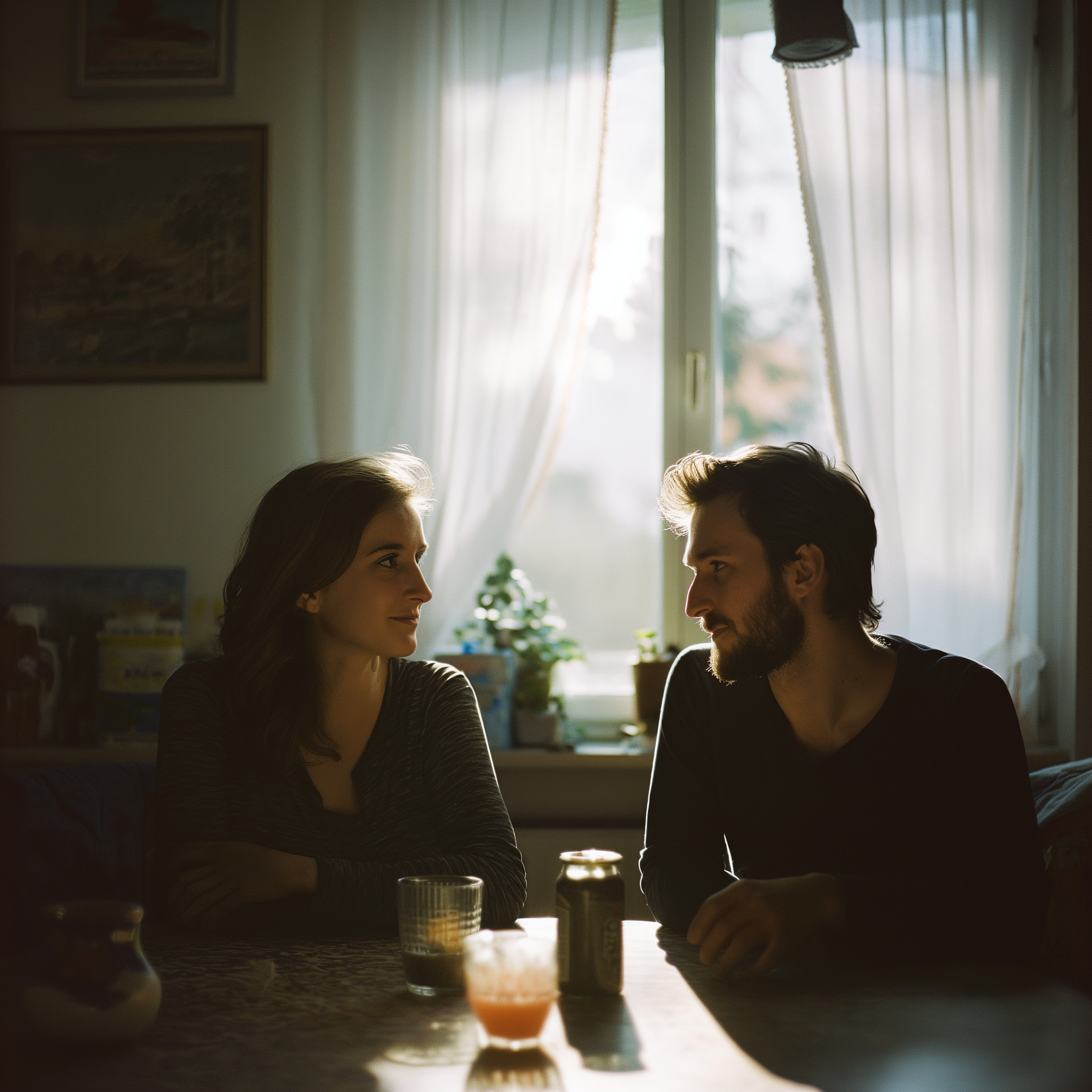 A couple sitting and talking | Source: Midjourney