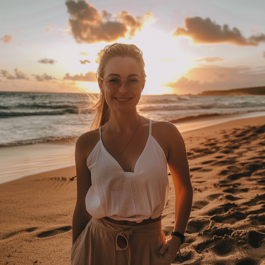 A white woman posing for a photo during sunset on the beach | Source: Midjourney