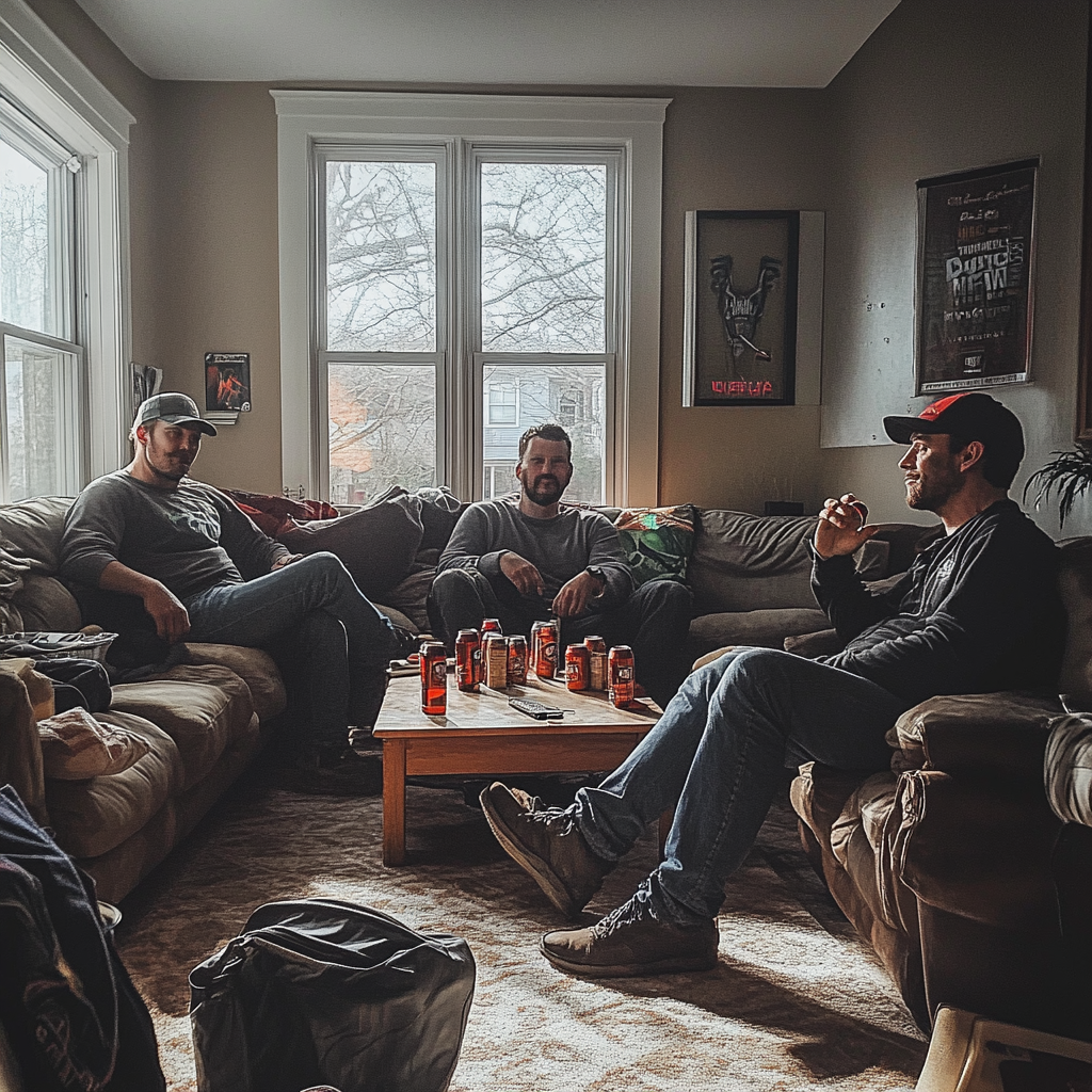 A group of men lounging in a living room | Source: Midjourney