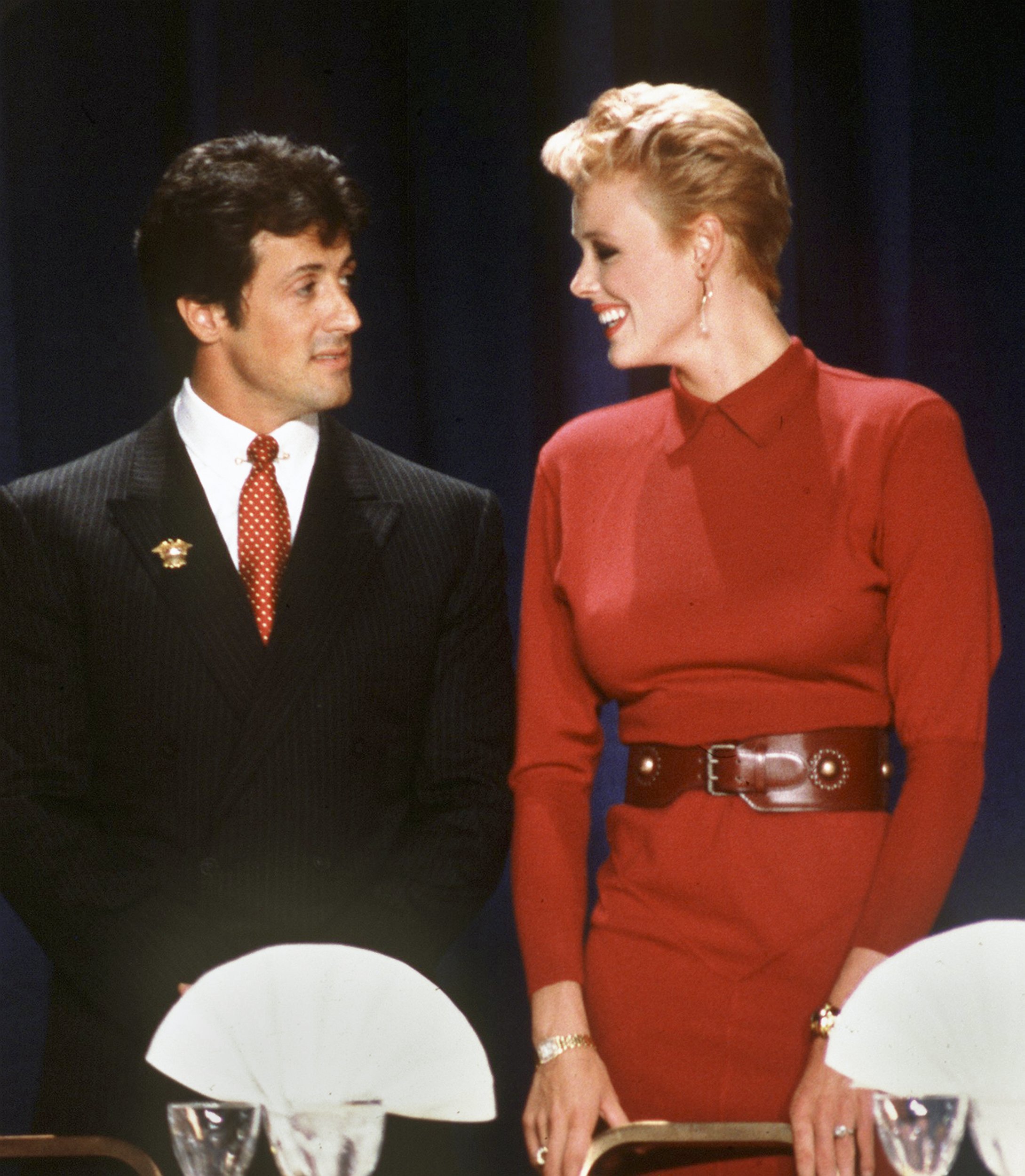 Sylvester Stallone and Brigitte Nielsen looking lovingly at each other circa 1986 | Source: Getty Images