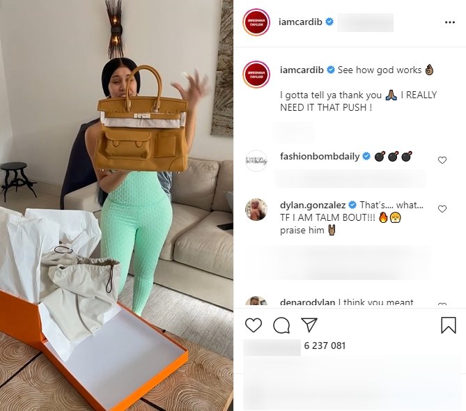 Cardi B showing off her new Hermes Birkin bag on Instagram. | Photo: Instagram/iamcardib