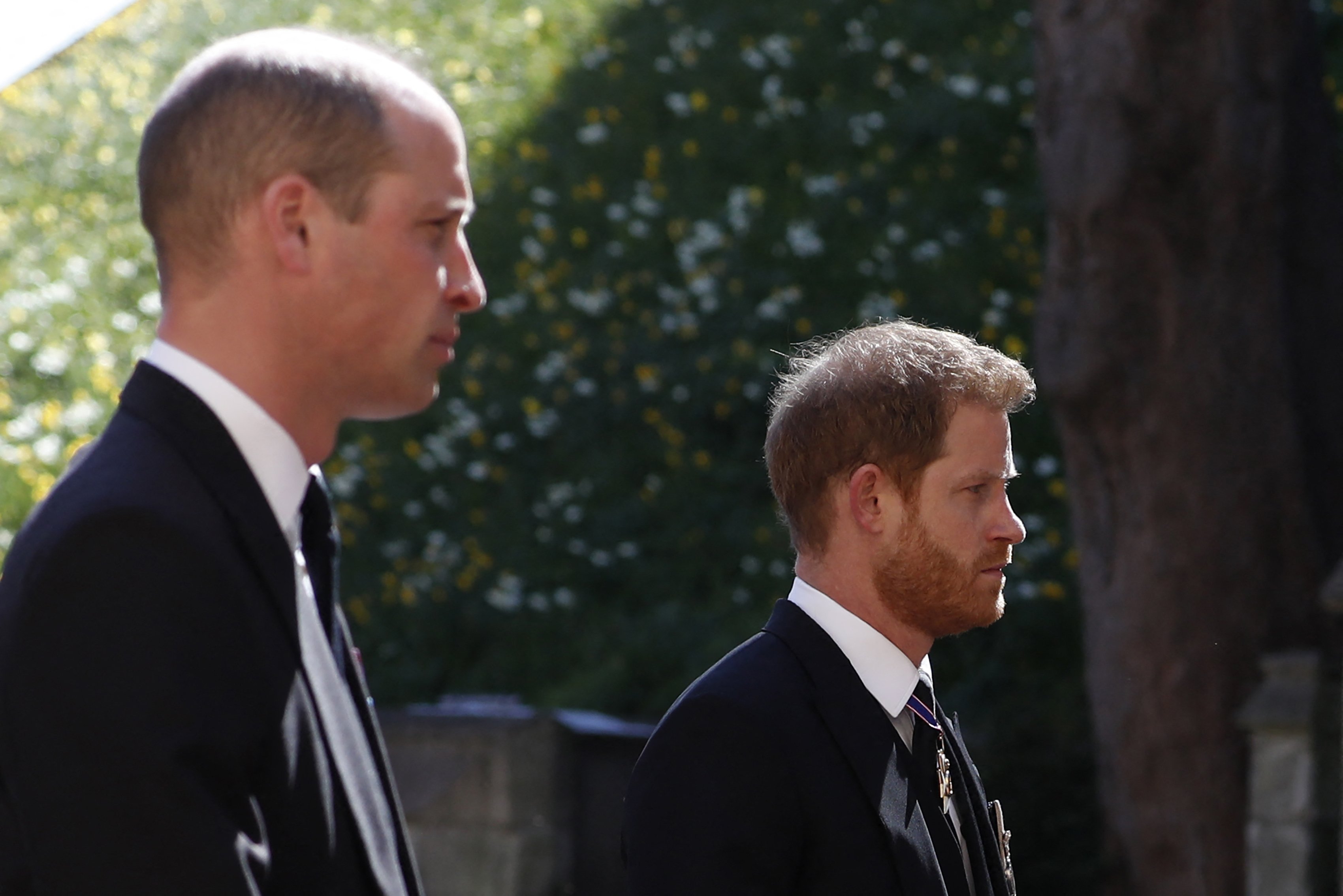 Prince William and Prince Harry pictured following the coffin during the ceremonial funeral procession of Prince Philip to St George's Chapel in Windsor Castle on April 17, 2021 in Windsor, London. / Source: Getty Images