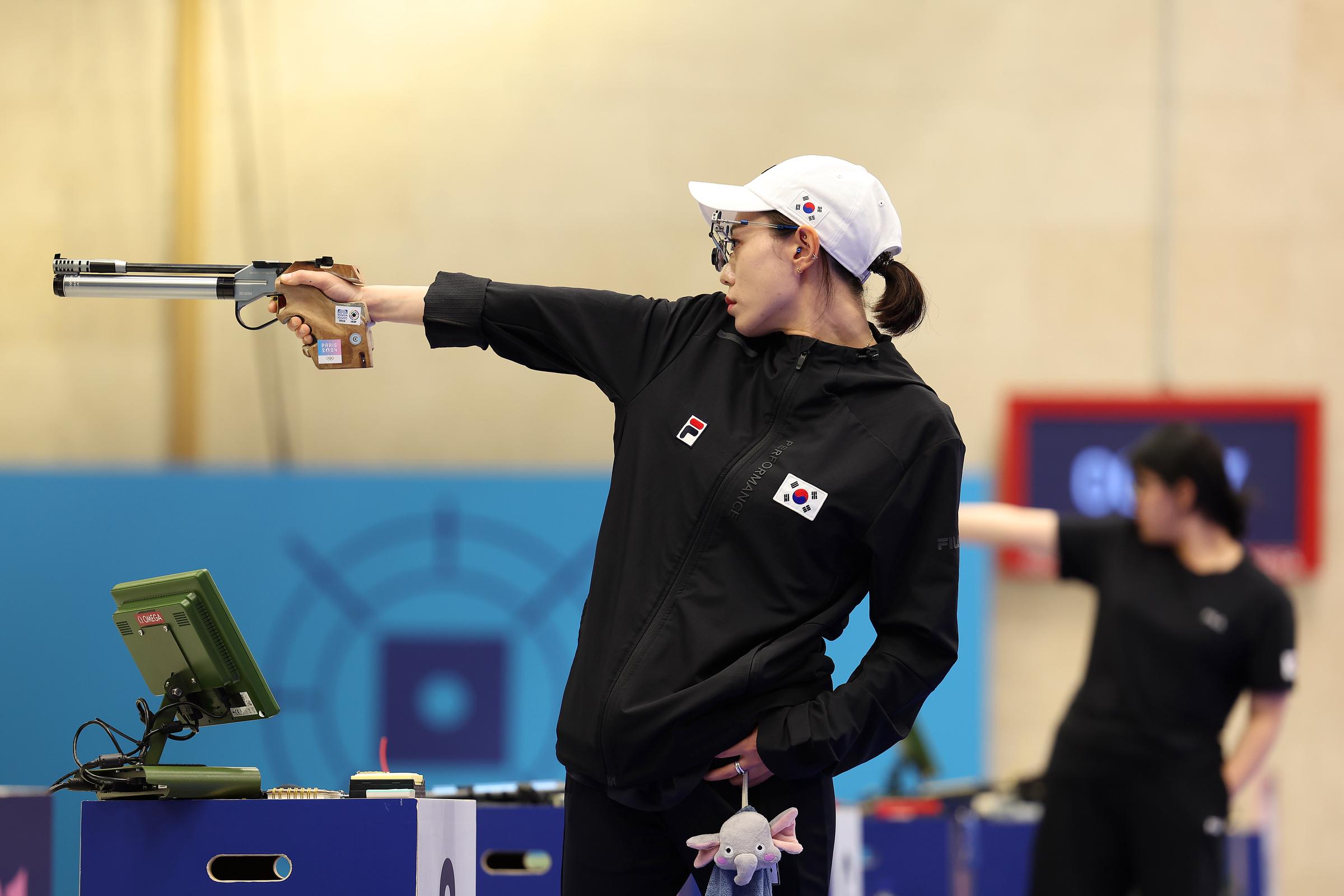 Kim Yeji shoots during the Women's 10m Air Pistol Final at the Paris Olympic Games on July 28, 2024, in Chateauroux, France | Source: Getty Images