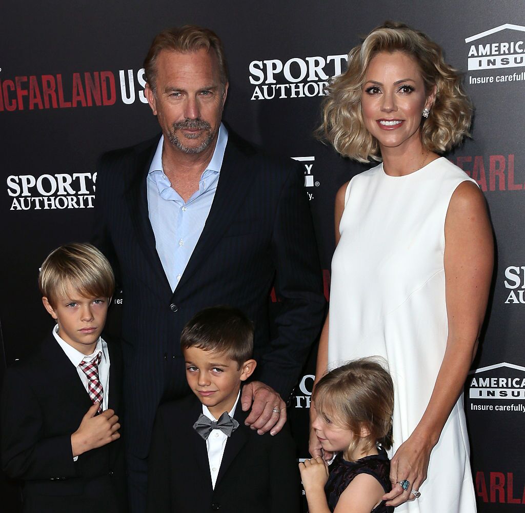 Kevin Costner, wife Christine Baumgartner their children at the premiere of "McFarland, USA" in 2015 | Source: Getty Images
