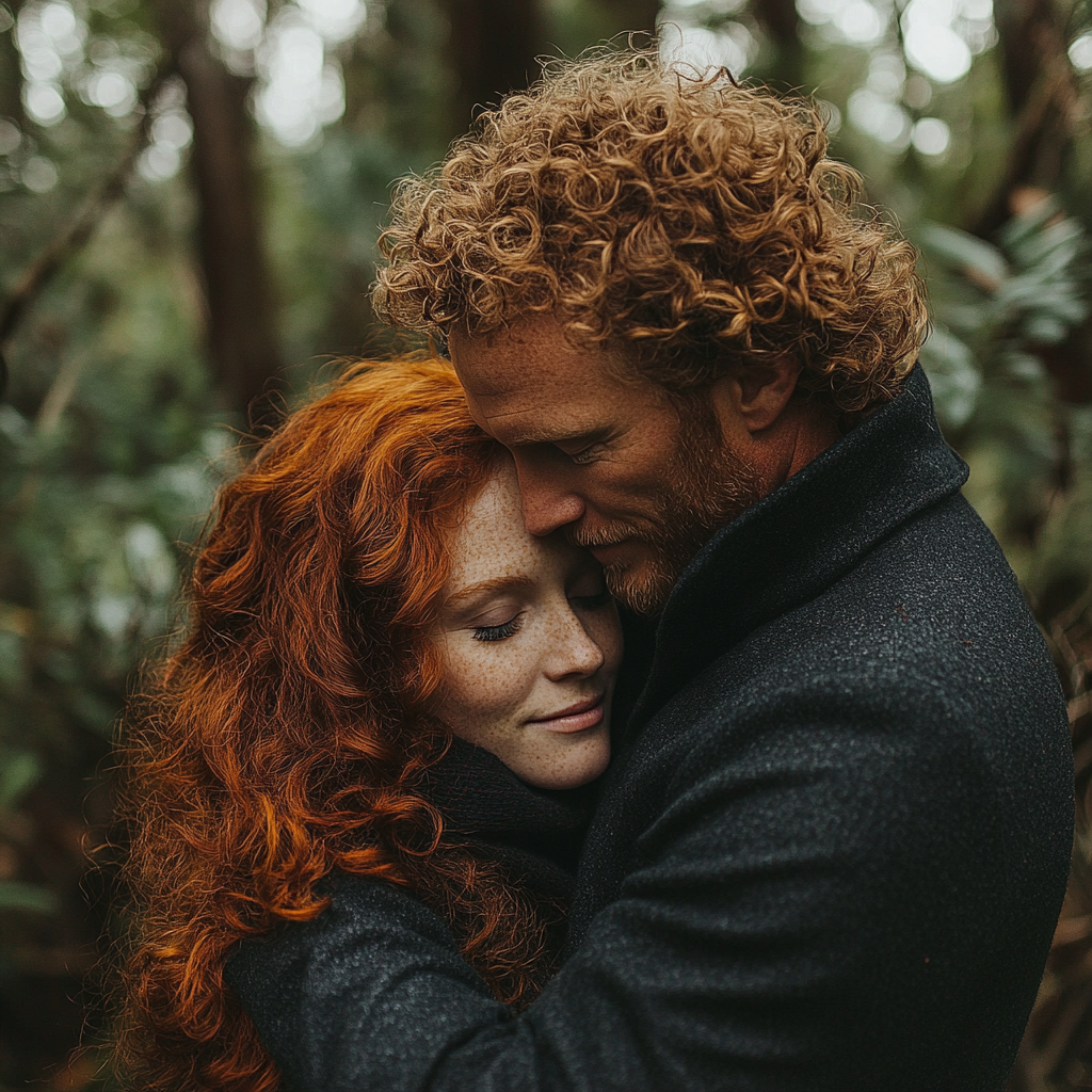 A couple embracing in a forest | Source: Midjourney