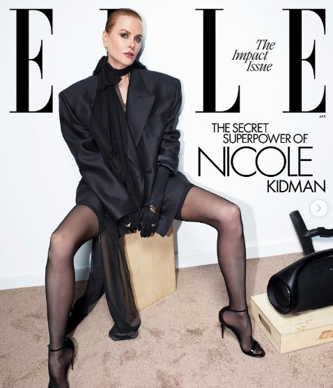 Nicole Kidman dressed in a Dolce & Gabbana Jacket, $4,996, scarf, $515, tights, $115, sandals, $1,045 for her cover shoot with Elle | Source: Instagram/nicolekidman