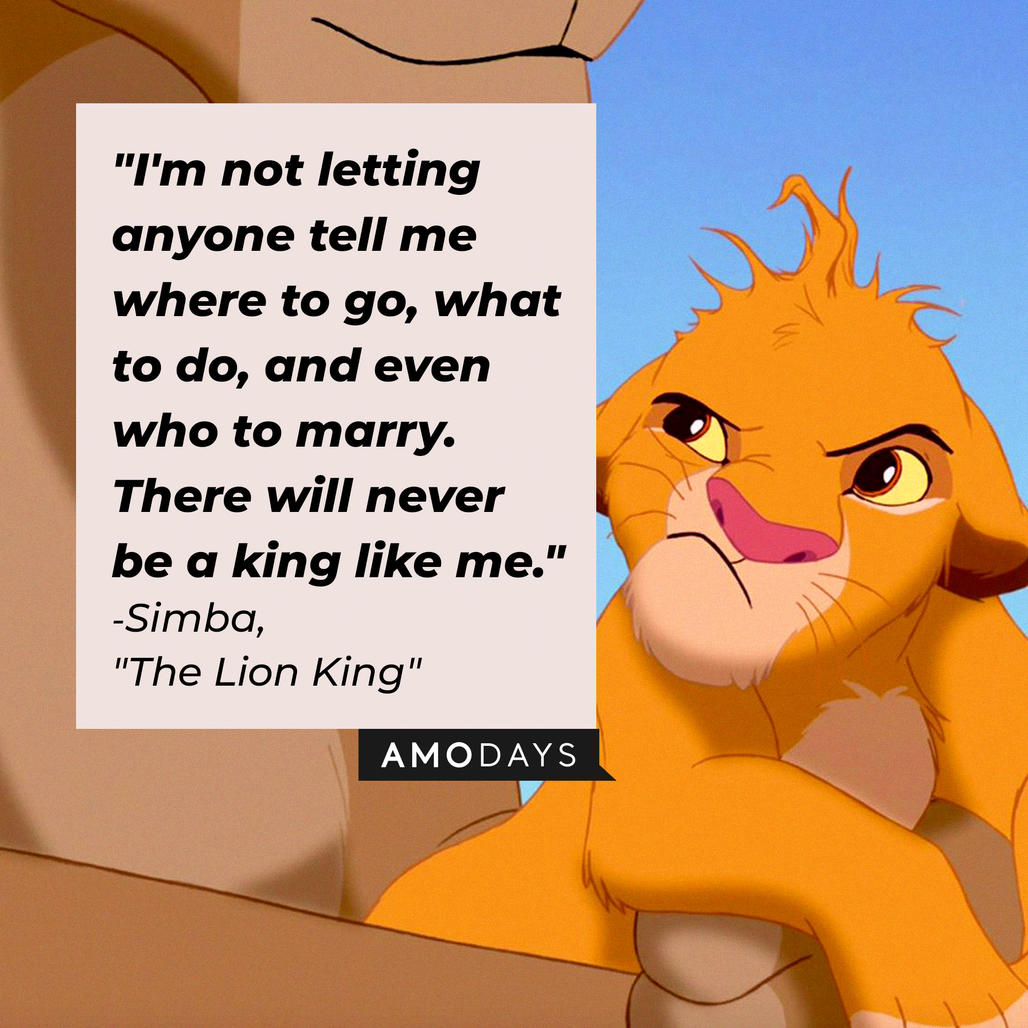 Simba with his quote: "I'm not letting anyone tell me where to go, what to do, and even who to marry. There will never be a king like me." | Source: Facebook.com/DisneyTheLionKing