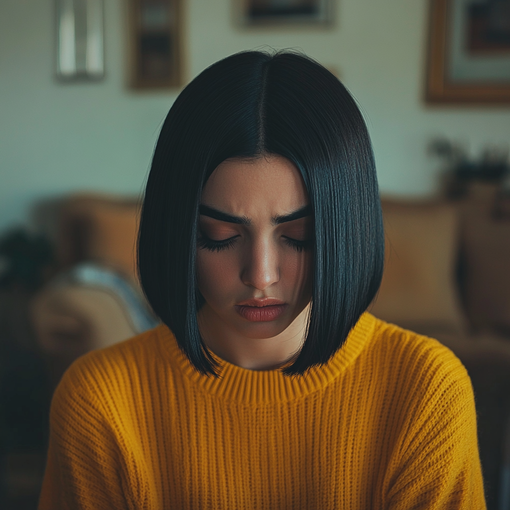 A sad woman looking at her hands | Source: Midjourney