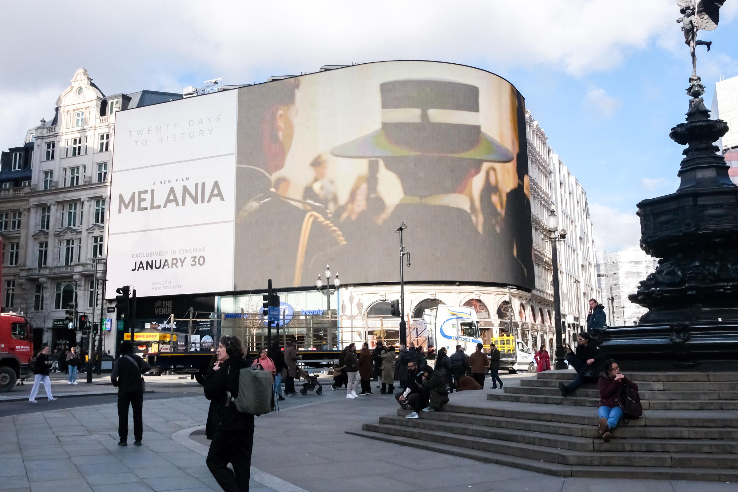 "Melania: Twenty Days to History," Piccadilly lights advertising for the Amazon documentary of First Lady, Melania Trump taken in January 2026 | Source: Getty Images