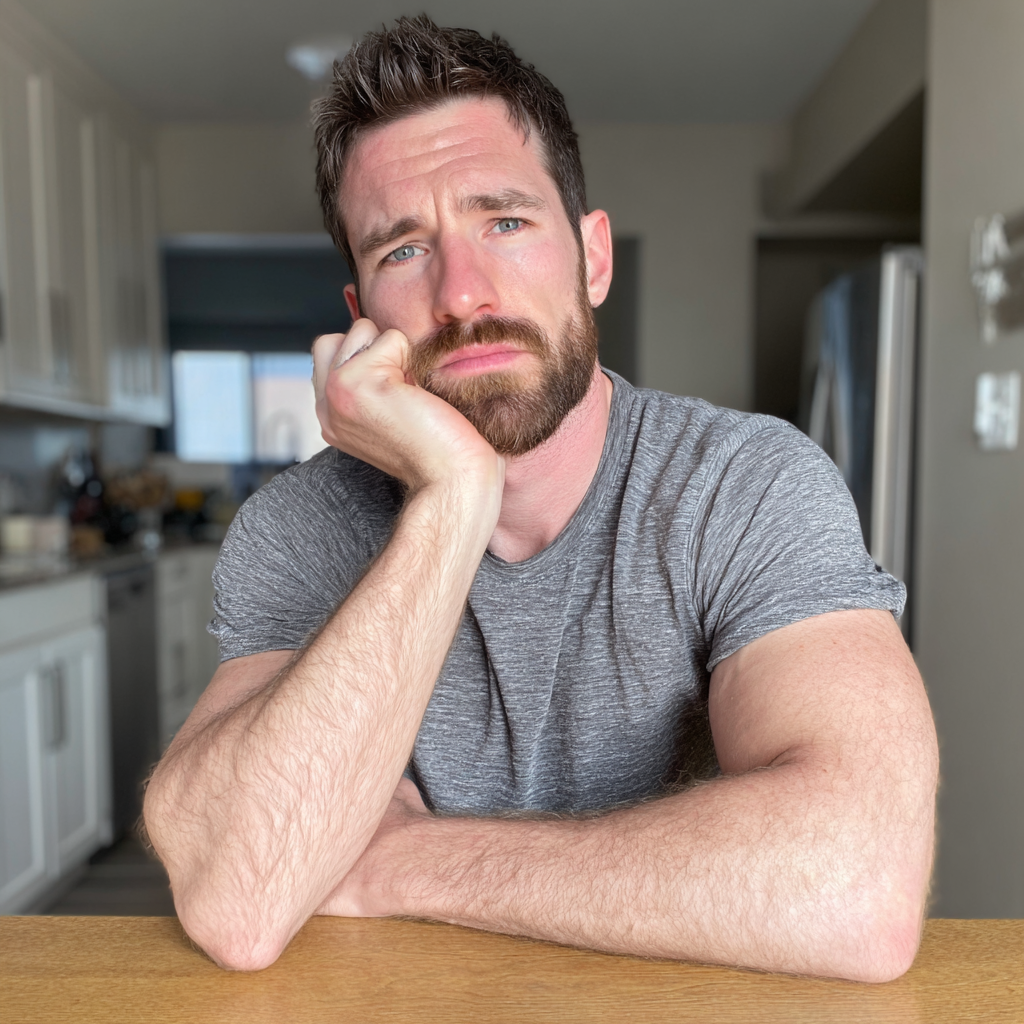 A pensive man sitting at a kitchen table | Source: Midjourney