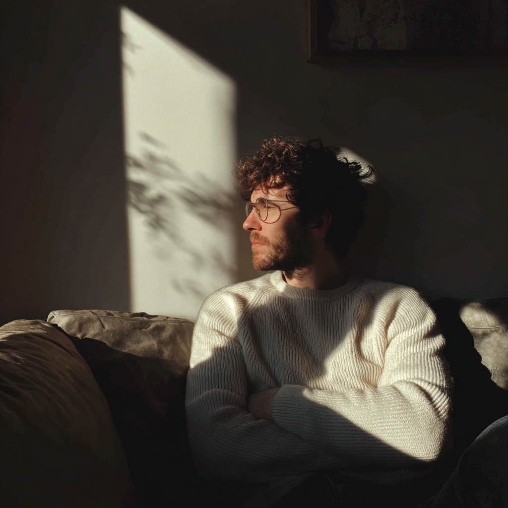 A man sitting on a couch | Source: Midjourney