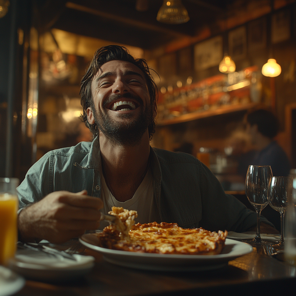 A happy man enjoying lasagna | Source: Midjourney