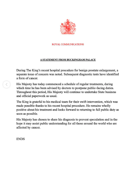 Buckingham Palace's King Charles III cancer diagnosis announcement posted on February 6, 2024 | Source: Instagram/theroyalfamily