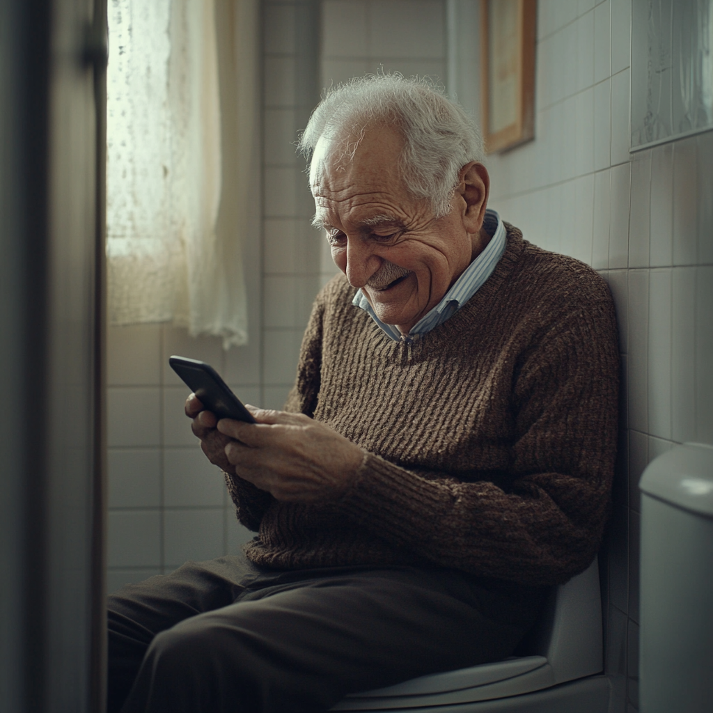 An elderly man laughing white texting | Source: Midjourney