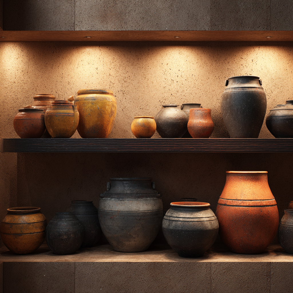An assortment of clay pots on a shelf | Source: Midjourney