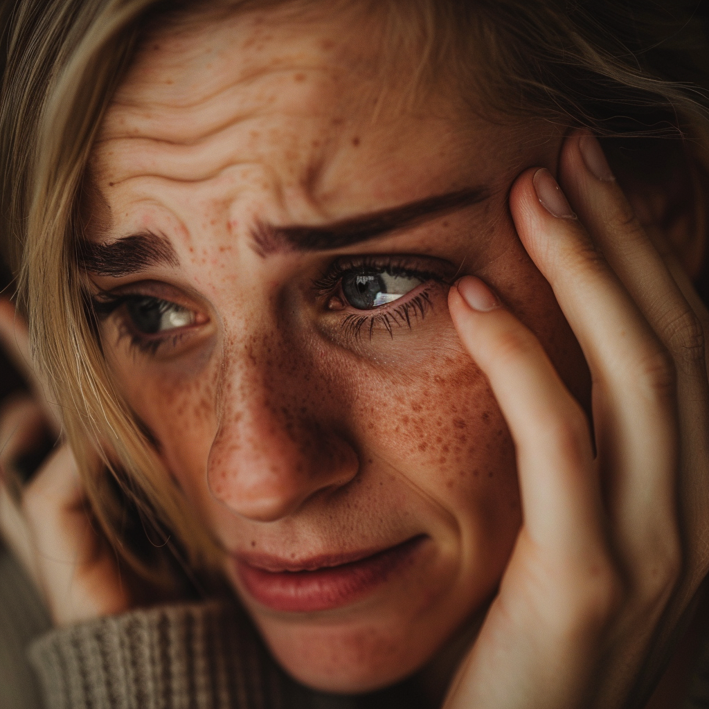 A close-up of a teary-eyed woman talking on a phone | Source: Midjourney