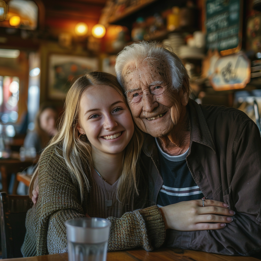 A woman hugging her grandfather | Source: Midjourney