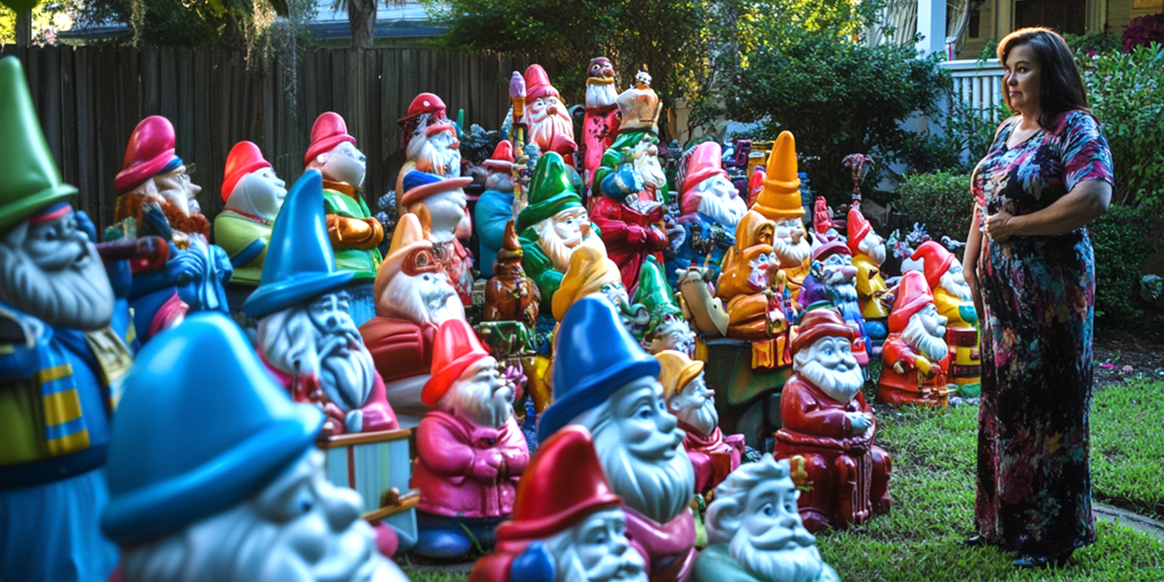 A woman looking at gnomes in her garden | Source: Amomama