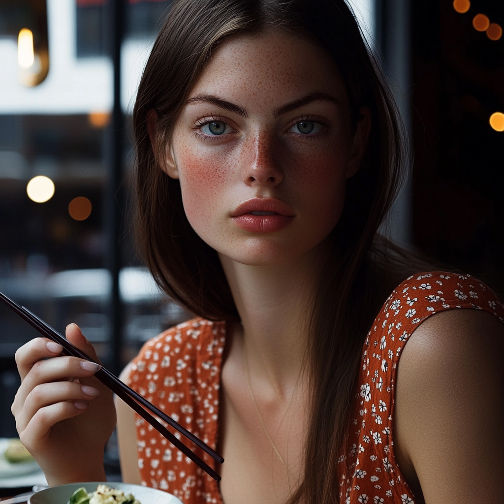 A woman holding chopsticks | Source: Midjourney