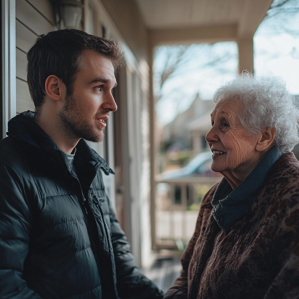 Een man in gesprek met zijn buurman op de veranda | Bron: Midjourney