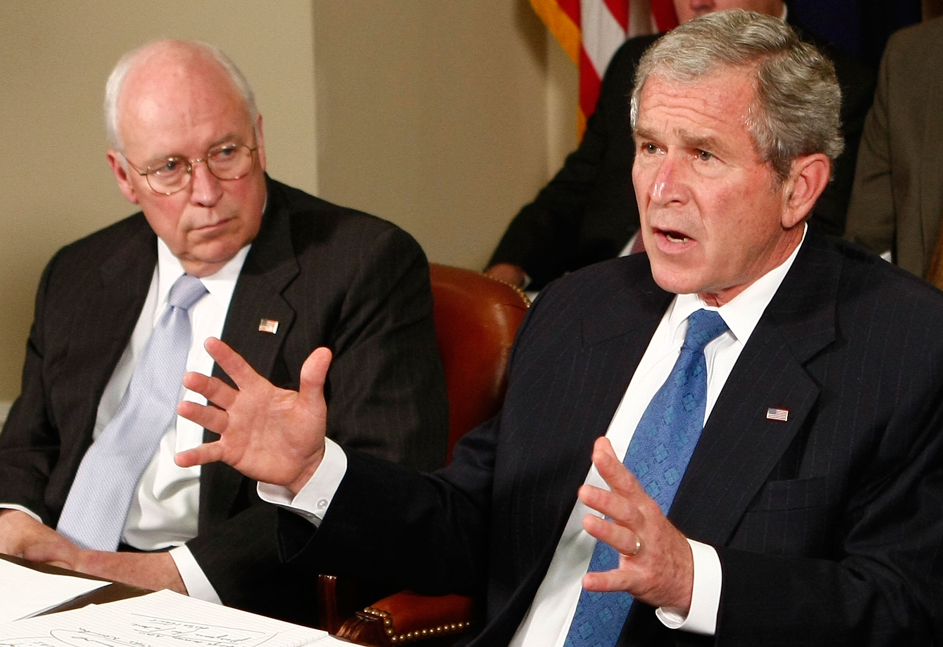George W. Bush speaks about flooding in the mid-west that has displaced thousands, during a briefing about the floods as Vice President Dick Cheney listens on June 17, 2008 in Washington DC | Source: Getty Images
