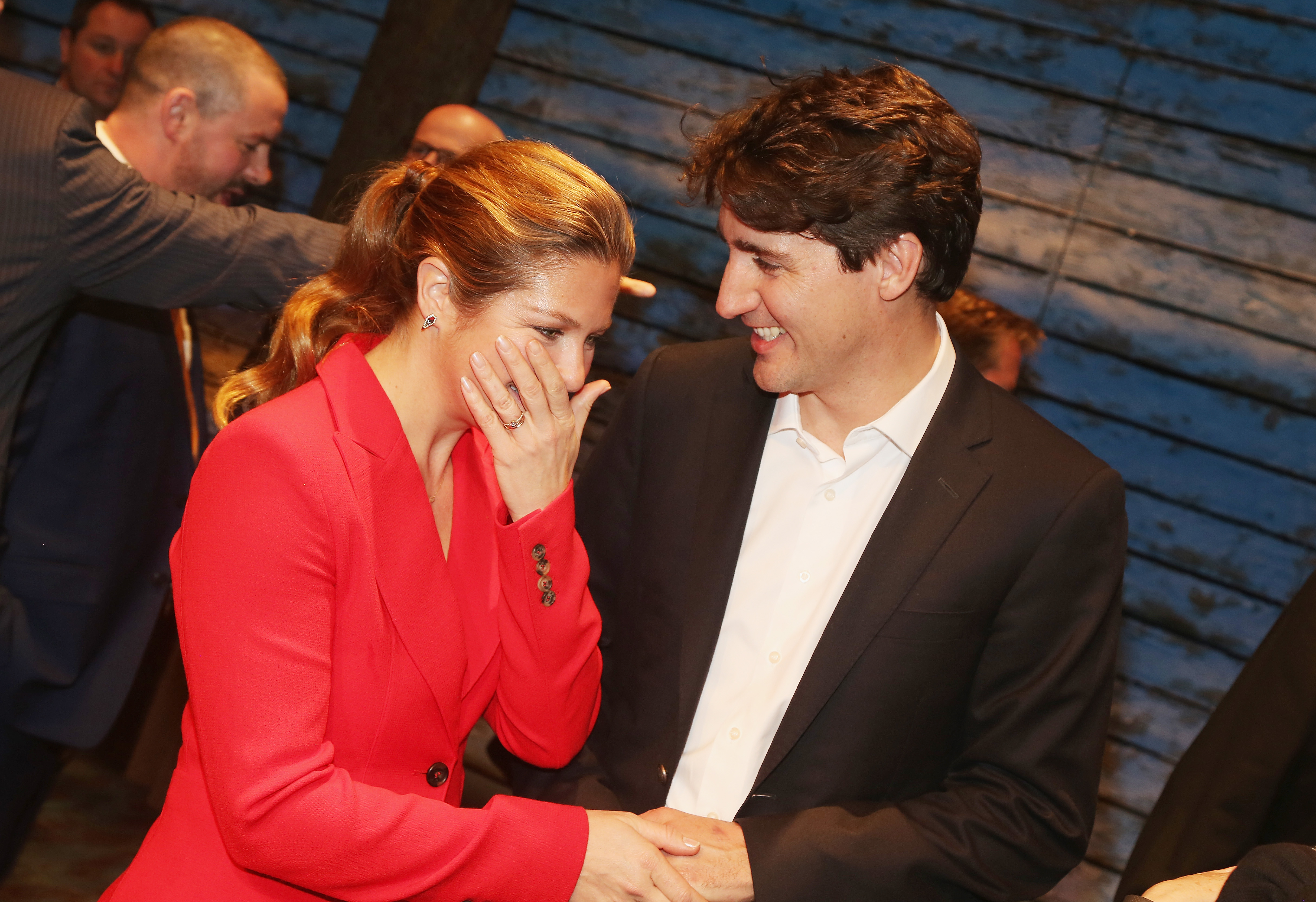 Sophie and Justin Trudeau backstage at the Broadway musical "Come from Away" in New York City on March 15, 2017. | Source: Getty Images