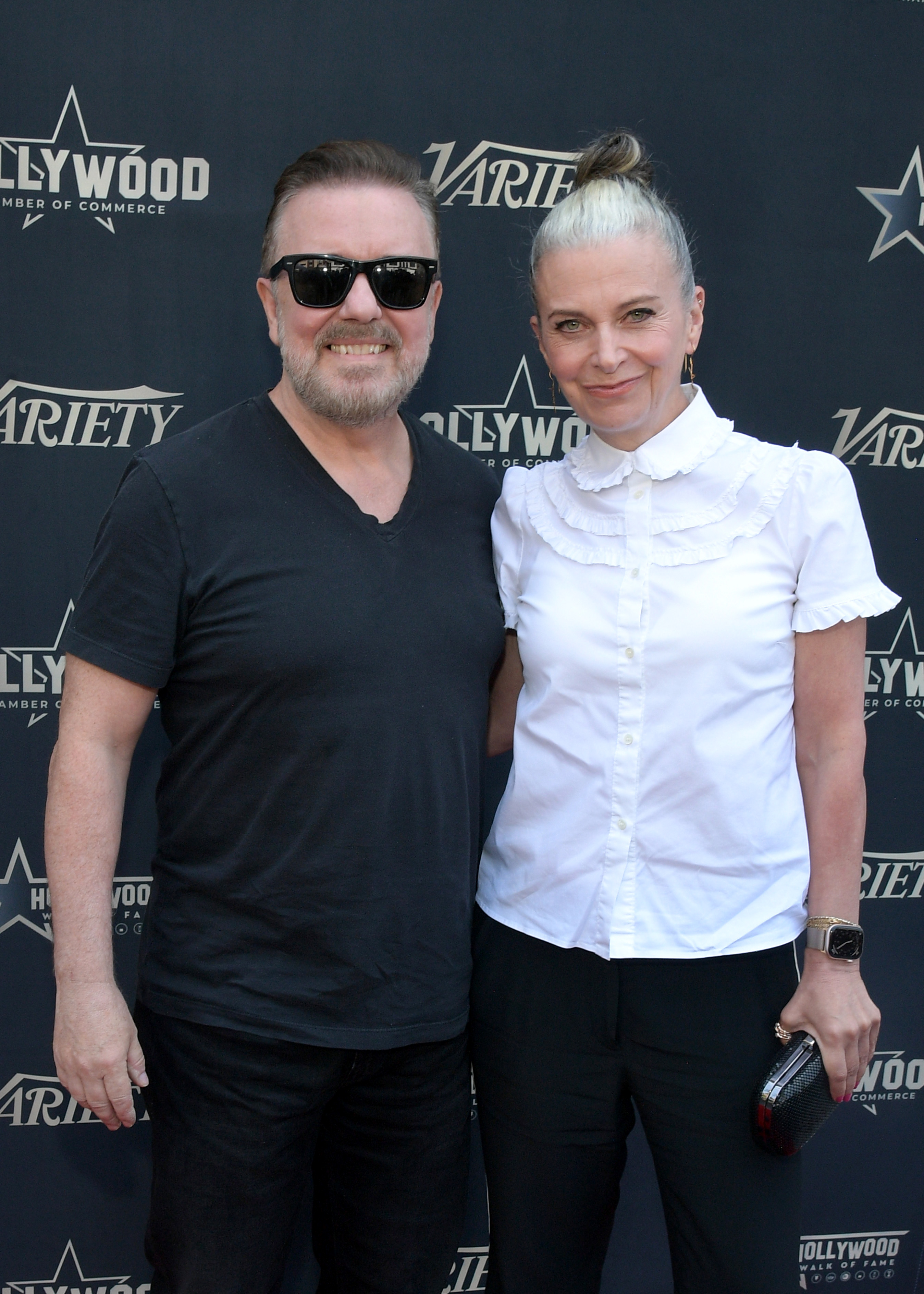 Ricky Gervais and Jane Fallon at his Star on the Hollywood Walk of Fame Ceremony on 30 May 2025 in California, United States. | Source: Getty Images
