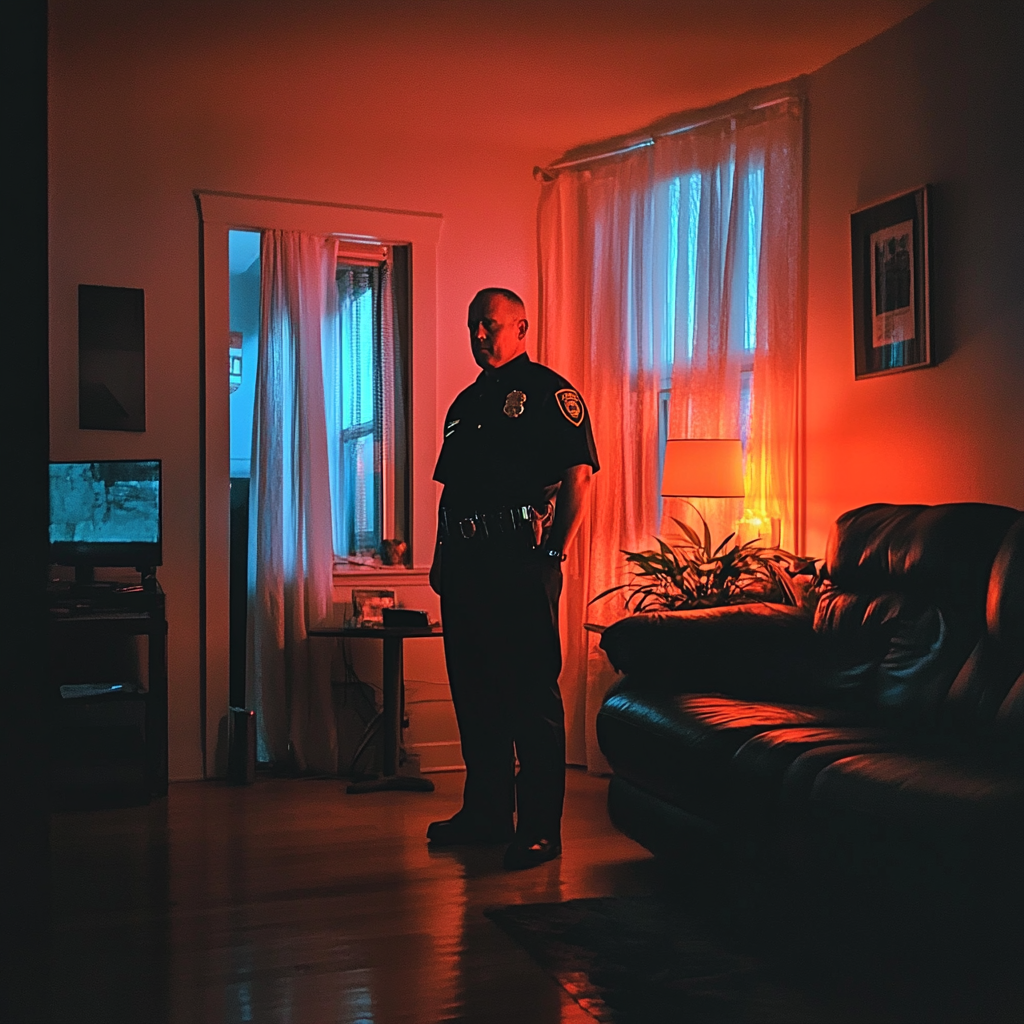 A policeman standing in a living room | Source: Midjourney