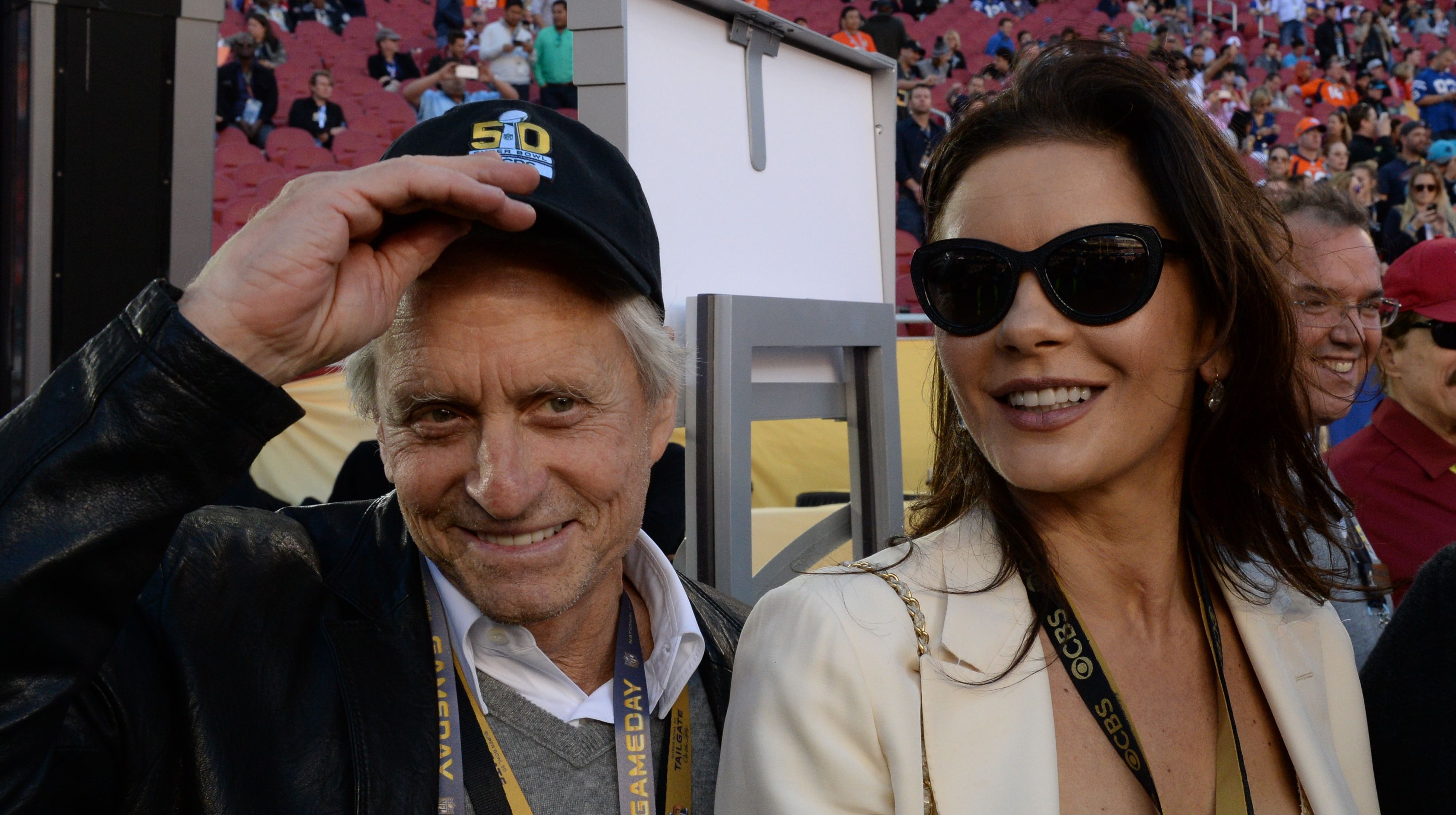 Michael Douglas and Catherine Zeta-Jones arrive at Levi Stadium for Super Bowl 50 between the Carolina Panthers and the Denver Broncos ,in Santa Clara, California, February 7, 2016. | Source: Getty Images