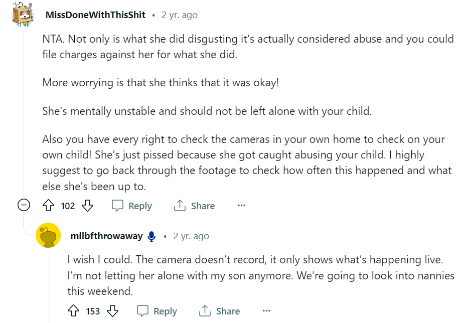 A screenshot of comments about the breastfeeding ordeal, dated 2021. | Source: Reddit.com/u/milbfthrowaway