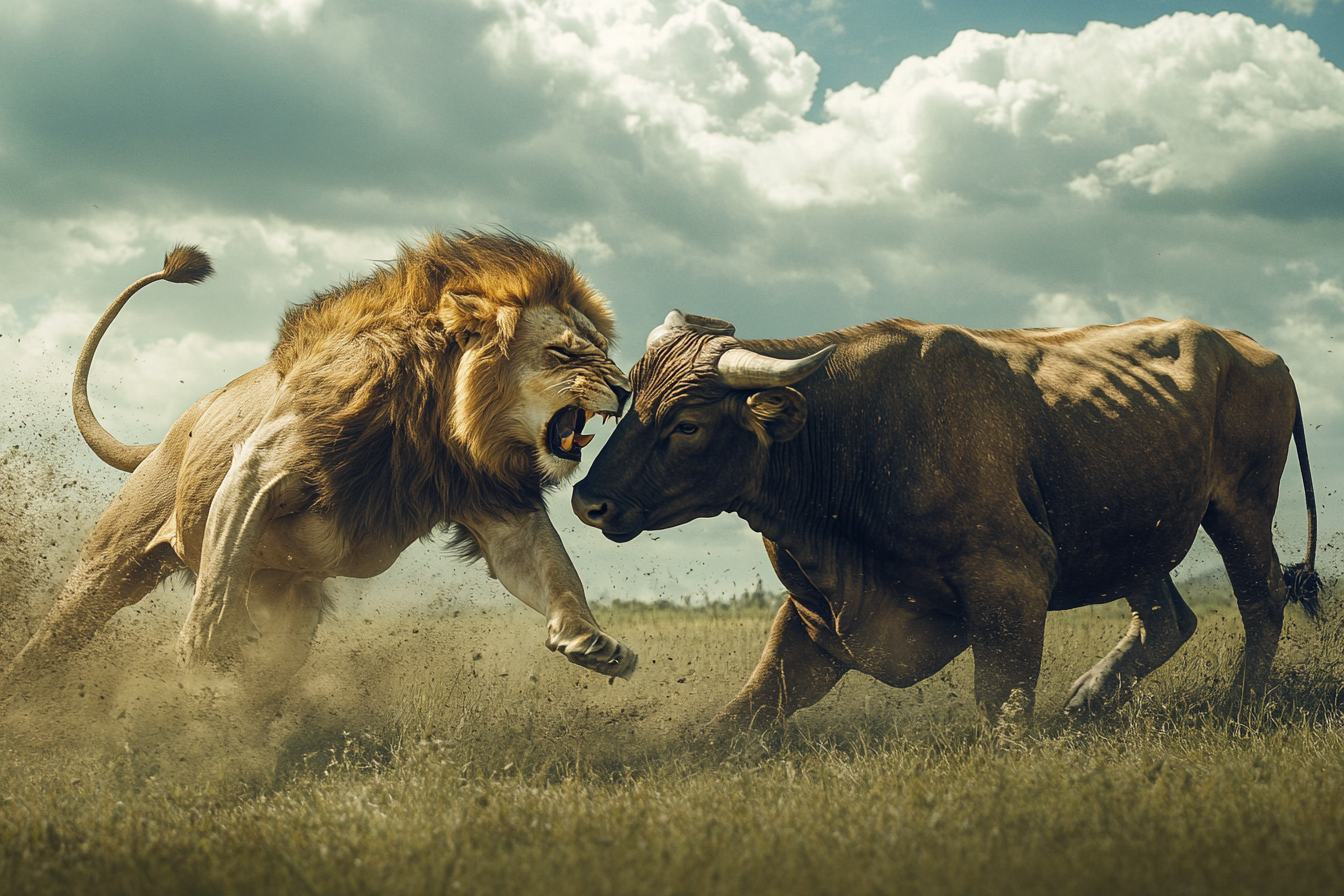 A lion fighting with a bull | Source: Midjourney