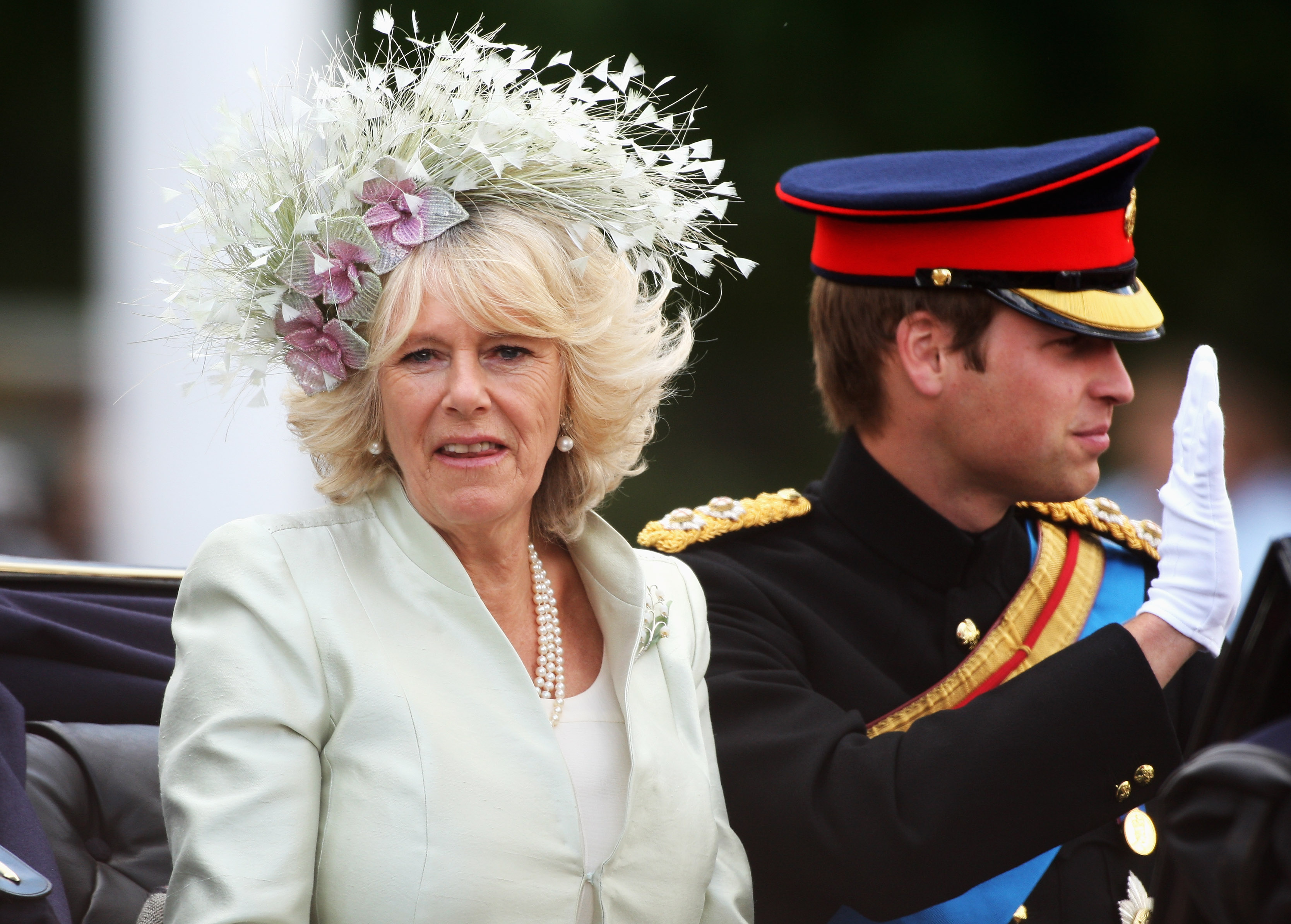 Camilla, Duchess of Cornwall and Prince William travel in a horse-drawn carriage during the Trooping The Colour in London, England, on June 14, 2008 | Source: Getty Images