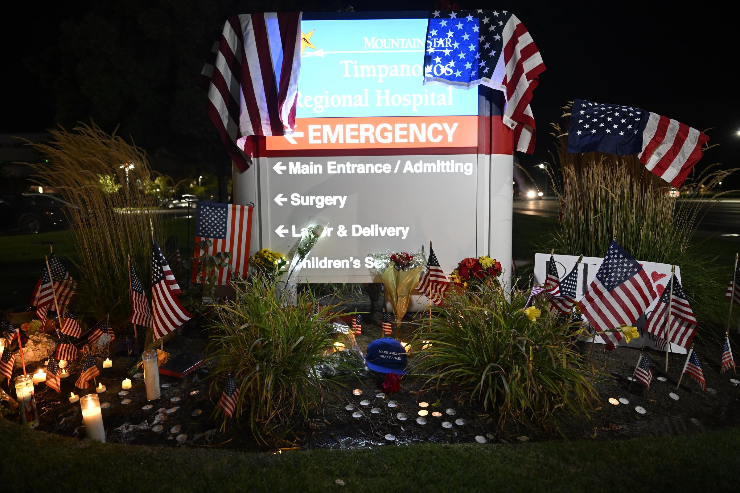 A memorial site for Charlie Kirk at Timpanogos Regional Hospital after he was fatally shot during a speaking event at Utah Valley University on September 10, 2025. | Source: Getty Images