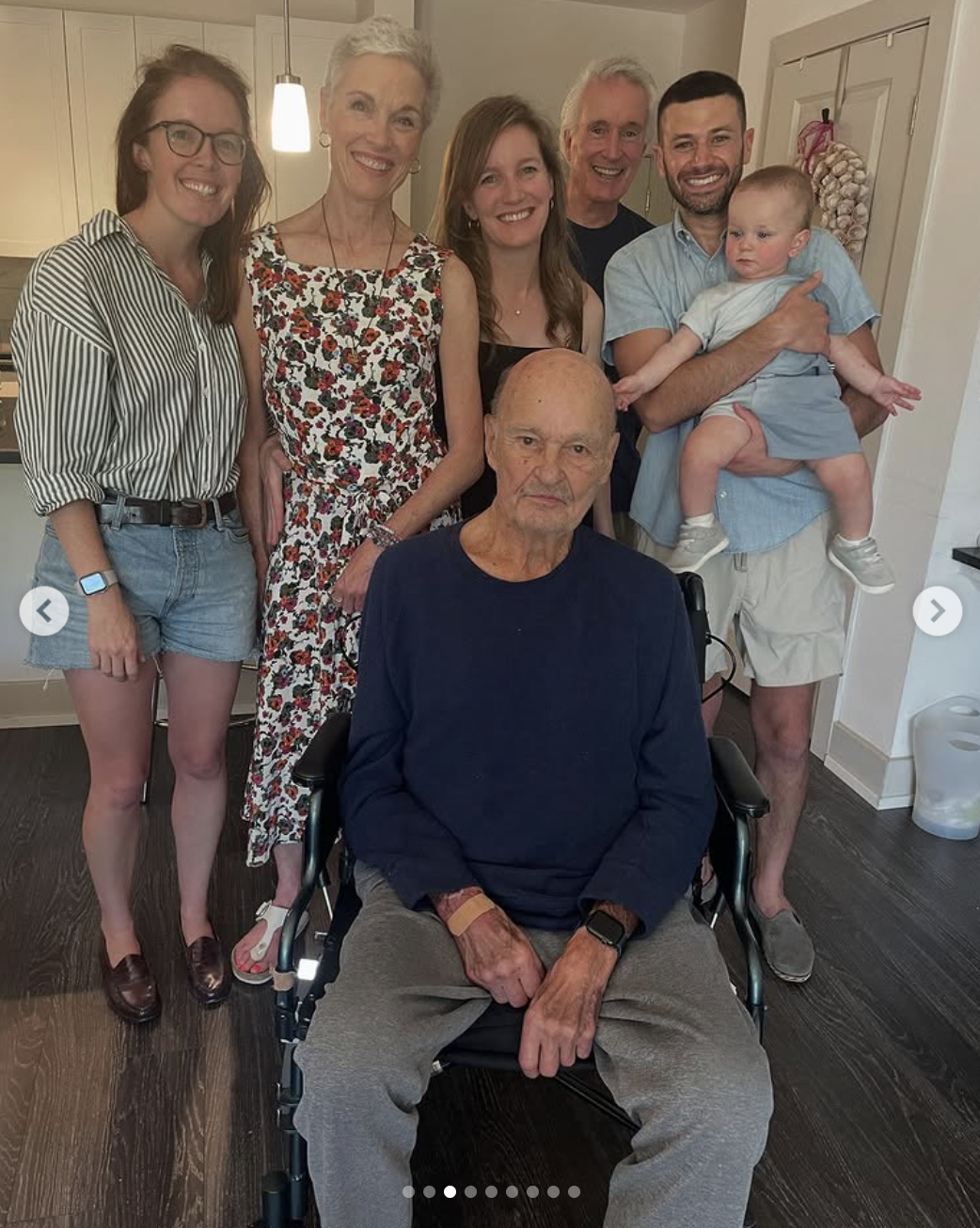 Cecile Richards, wearing a floral-printed dress, smiles with her family, posted on December 25, 2024 | Source: Instagram.com/cecilerichards