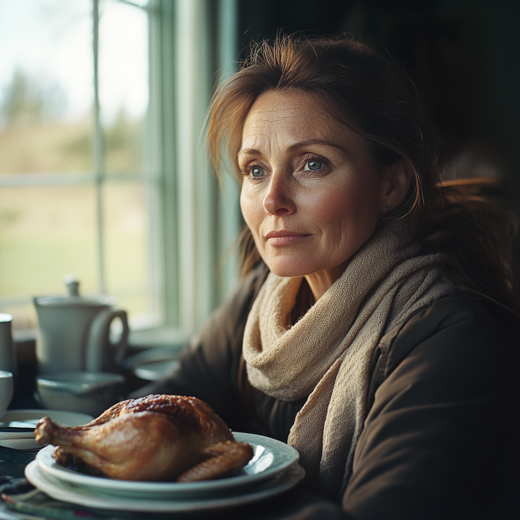 A woman sitting down for dinner | Source: Midjourney