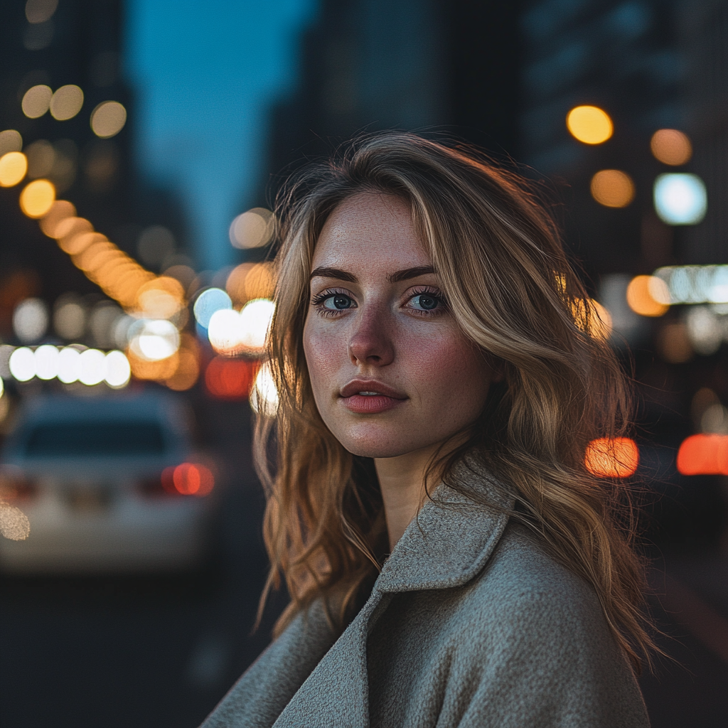 A woman standing on a busy road at night | Source: Midjourney