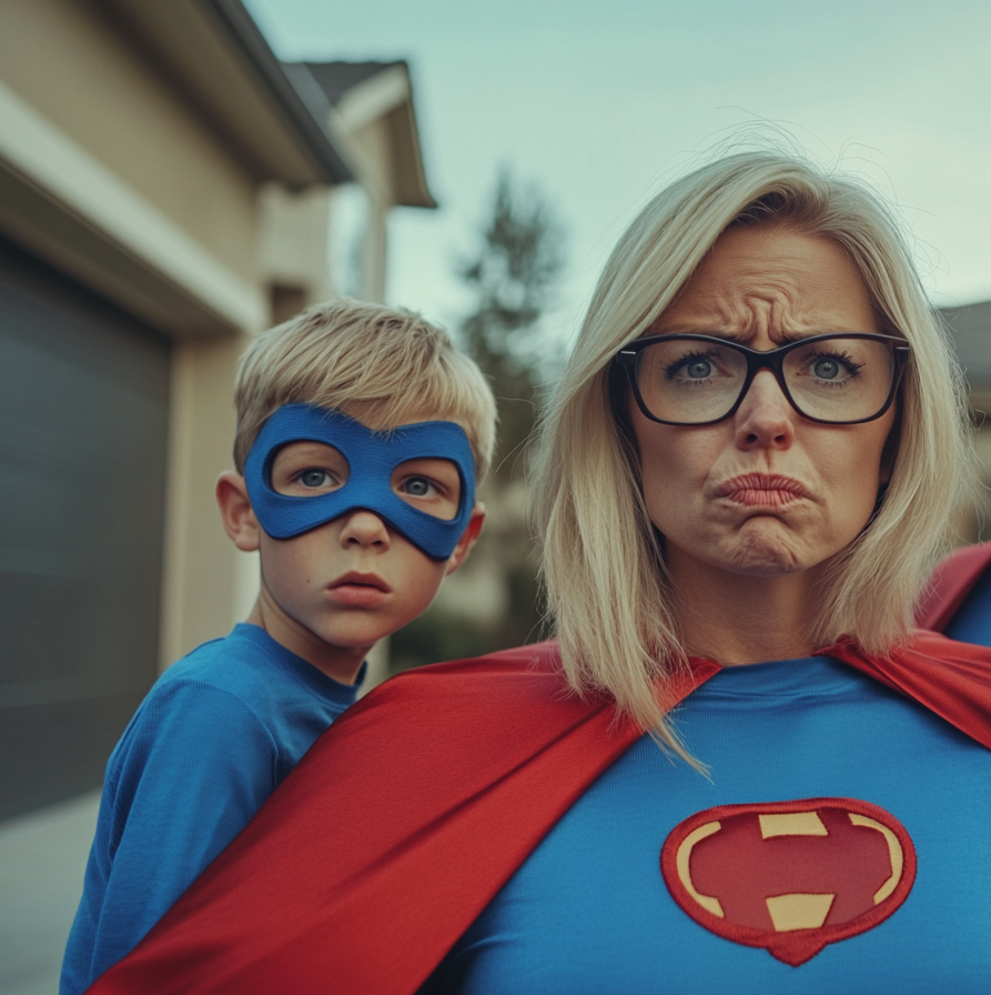 A woman and her son dressed as superheroes | Source: Midjourney