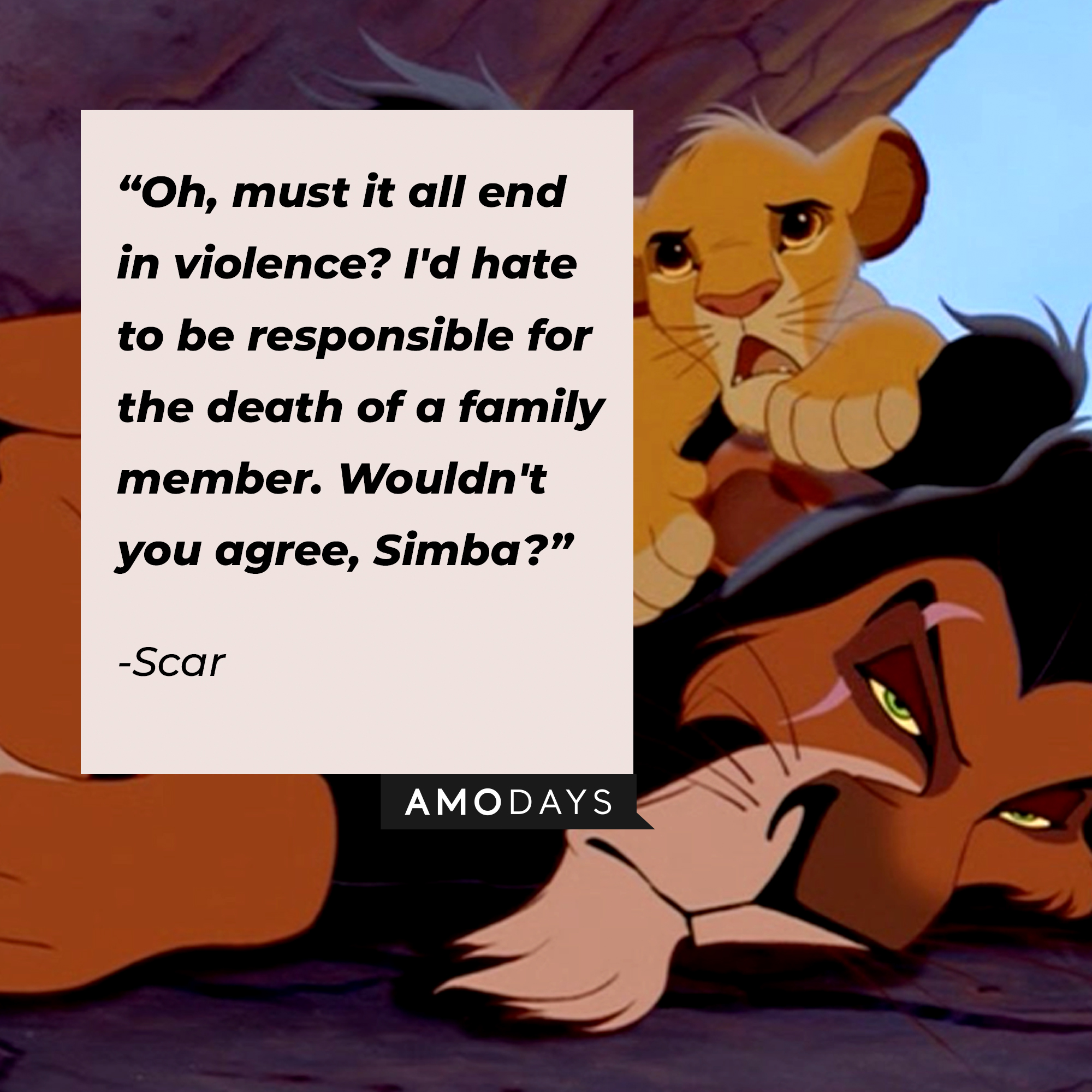 "Oh, must it all end in violence? I'd hate to be responsible for the death of a family member. Wouldn't you agree, Simba?" | Source: Facebook/DisneyTheLionKing