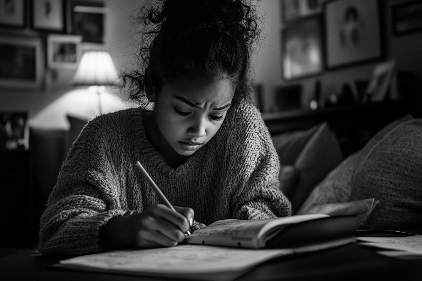 Grayscale of a teenage girl doing her homework | Source: Midjourney