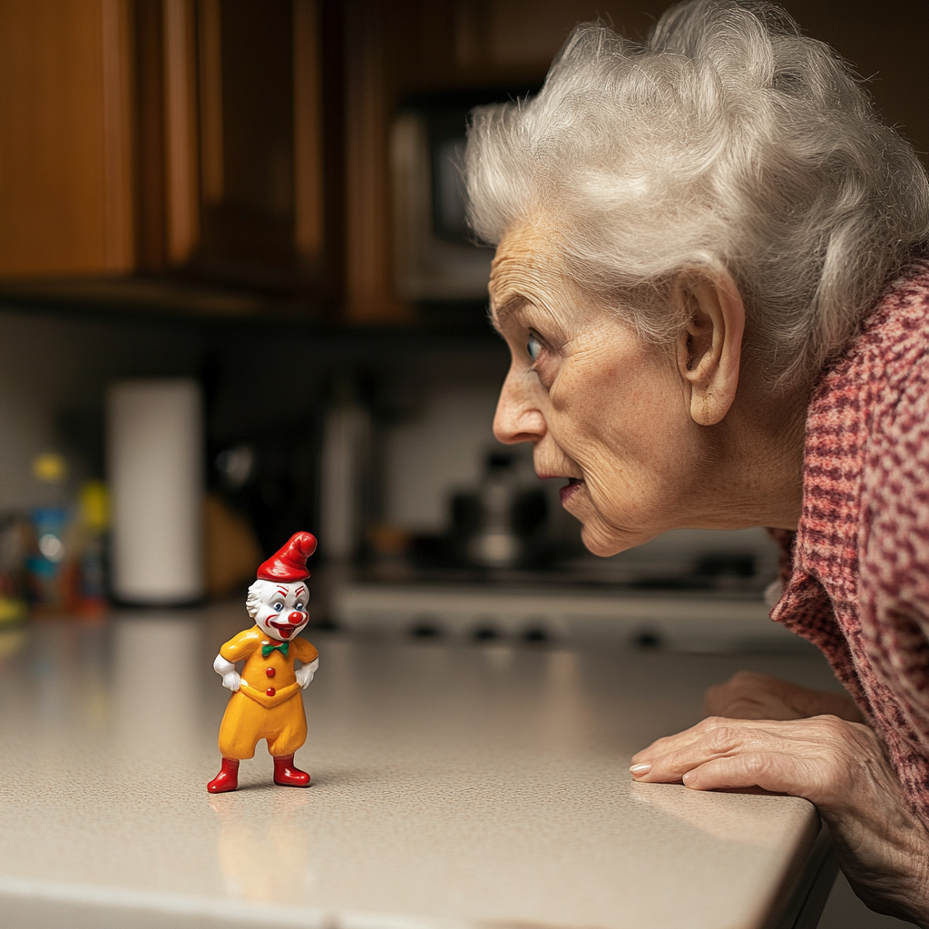 Laura finds a clown figurine on her kitchen counter. | Source: Midjourney