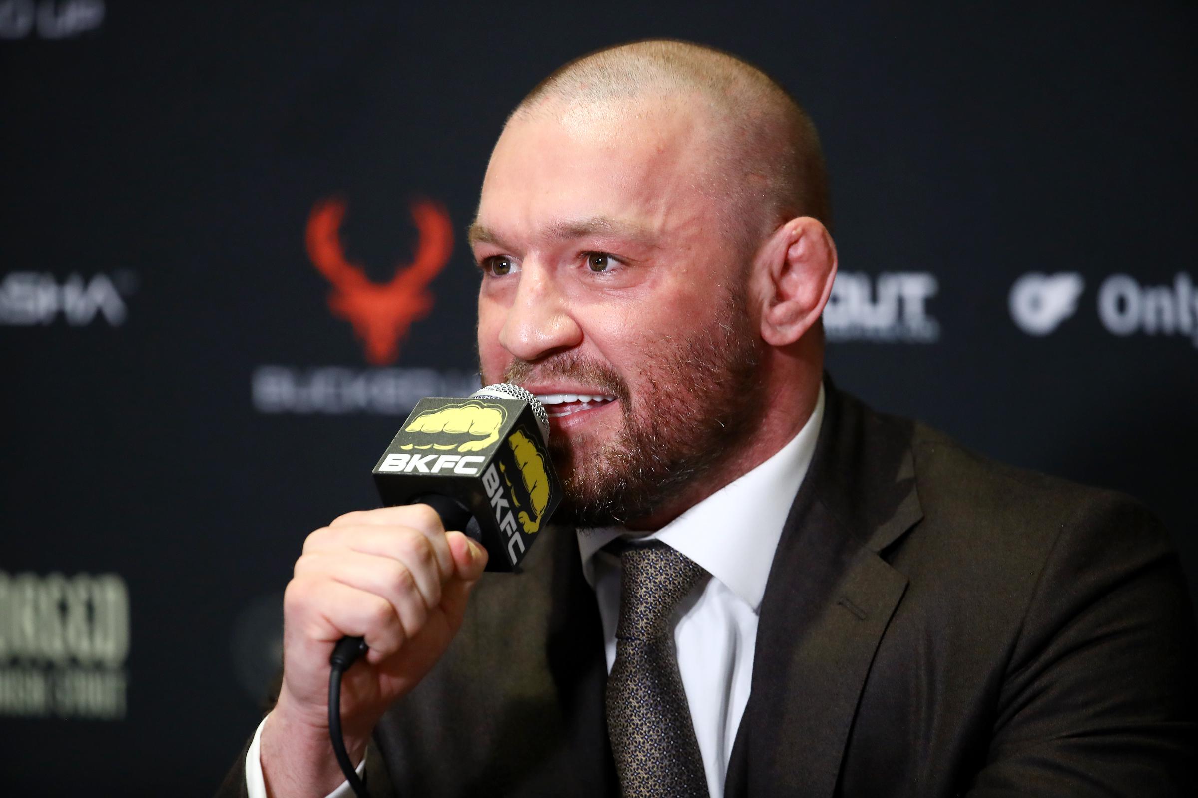 Conor McGregor speaking to the media after the BKFC 70 Hollywood event on March 27, 2025, in Florida. | Source: Getty Images