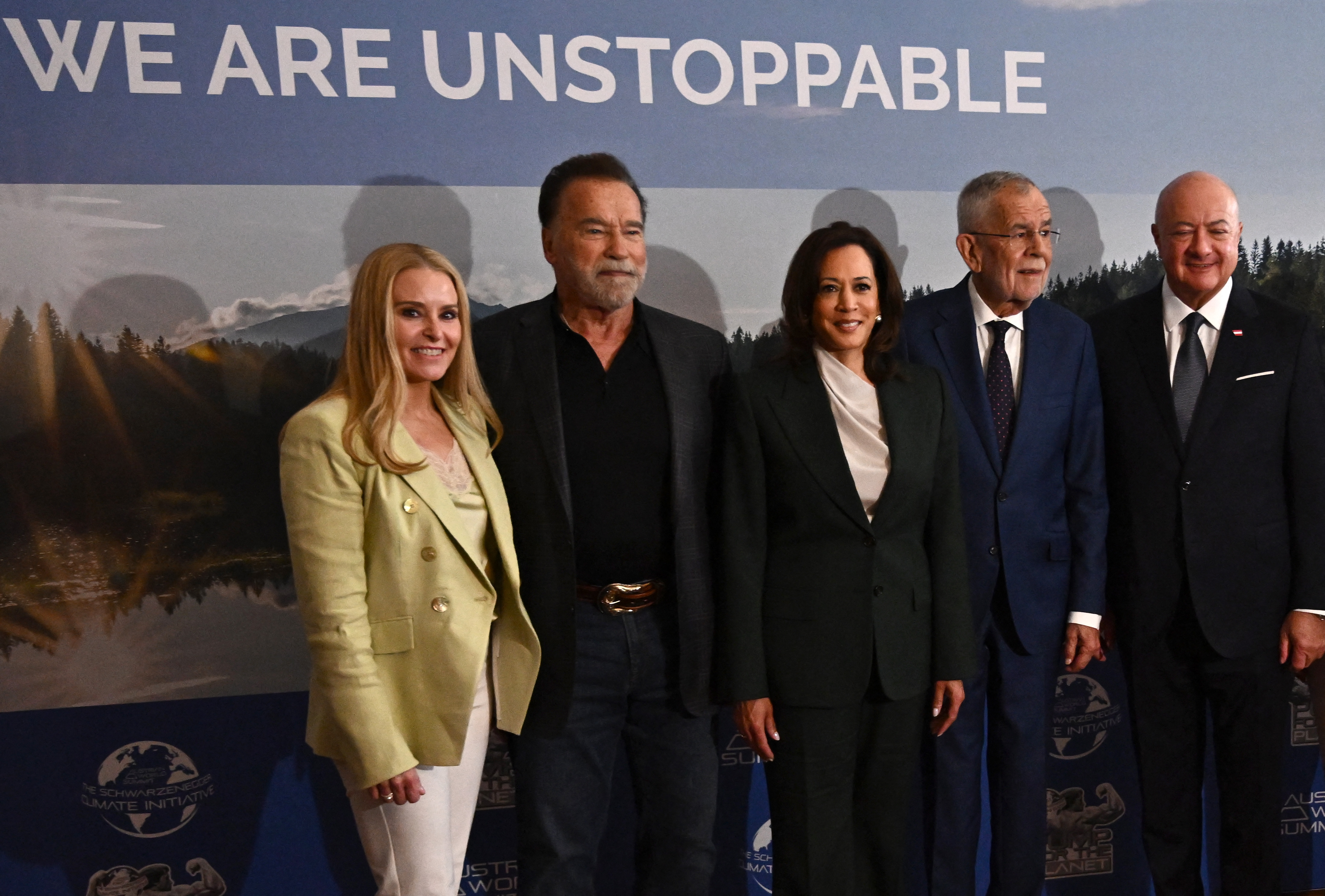 This photo offers a clearer view of her elegant attire as she arrived alongside several world leaders and her partner. The actor and her are next to Kamala Harris, Alexander Van der Bellen, and Christian Stocker for a picture as they arrived to attend the Austrian World Summit of the Schwarzenegger Climate Initiative at the Hofburg Palace on June 16, 2026, in Vienna, Austria. | Source: Getty Images
