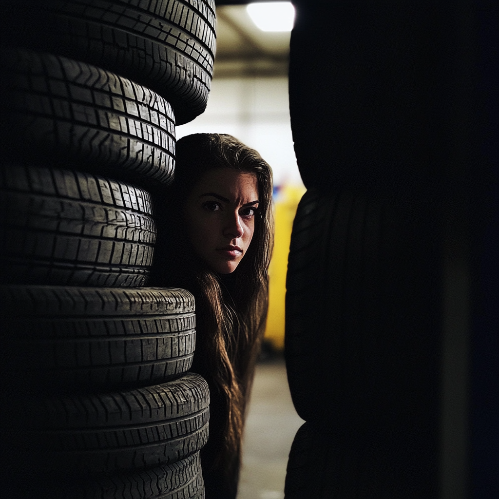 A woman hiding behind a stack of tires | Source: Midjourney